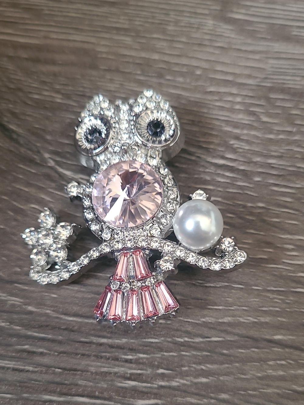Crystal Owl Brooch with Pink Center and Pearl Accent - Women's Jewelry